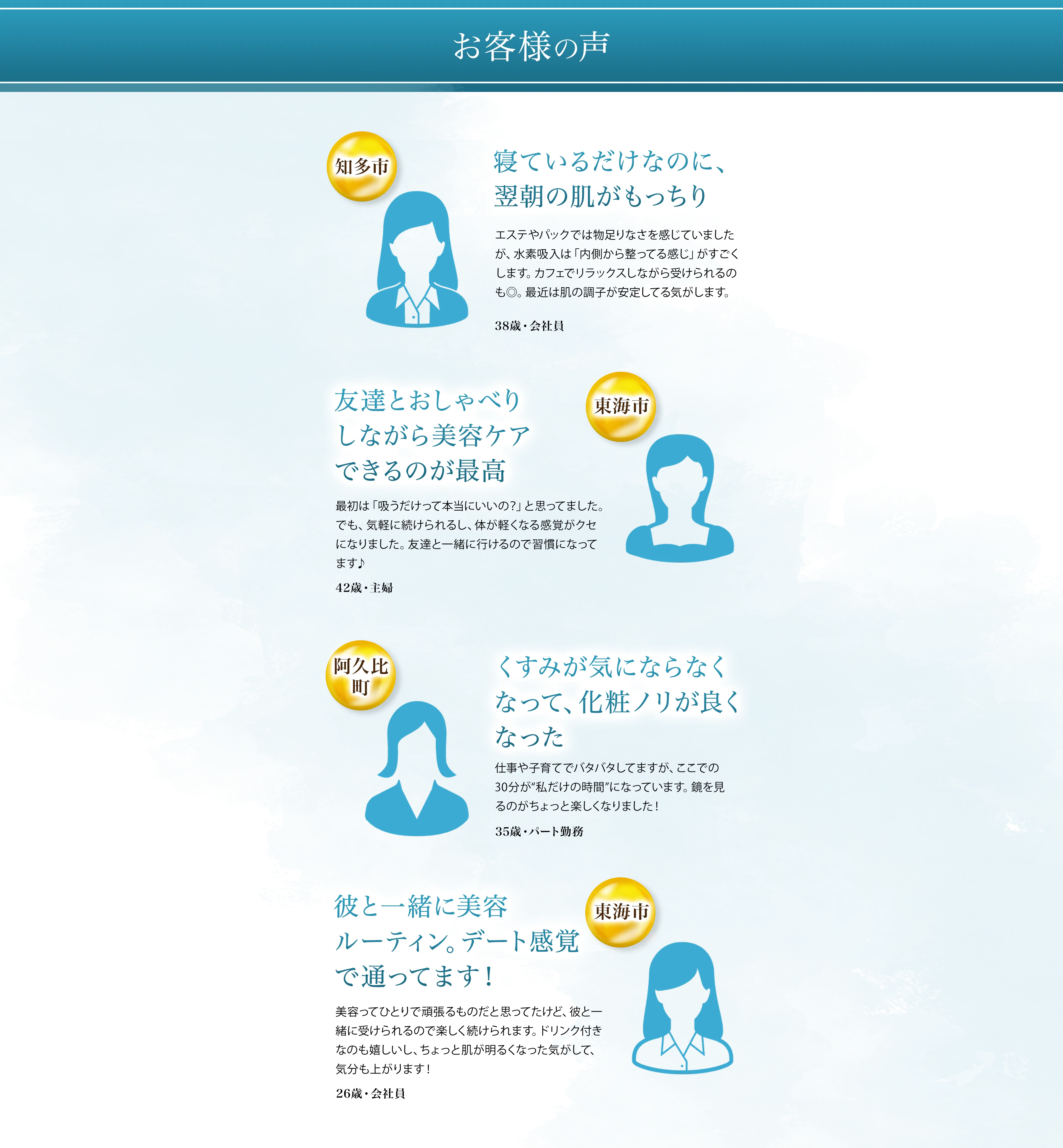 お客様の声 知多市 寝ているだけなのに、翌朝の肌がもっちり エステやパックでは物足りなさを感じていましたが、水素吸入は「内側から整ってる感じ」がすごくします。カフェでリラックスしながら受けられるのも◎。最近は肌の調子が安定してる気がします。38歳・会社員 東海市 友達とおしゃべりしながら美容ケアできるのが最高 最初は「吸うだけって本当にいいの？」と思ってました。でも、気軽に続けられるし、体が軽くなる感覚がクセになりました。友達と一緒に行けるので習慣になってます♪ 42歳・主婦 阿久比町 くすみが気にならなくなって、化粧ノリが良くなった 仕事や子育てでバタバタしてますが、ここでの30分が“私だけの時間”になっています。鏡を見るのがちょっと楽しくなりました！  35歳・パート勤務 東海市 彼と一緒に美容ルーティン。デート感覚で通ってます！ 美容ってひとりで頑張るものだと思ってたけど、彼と一緒に受けられるので楽しく続けられます。ドリンク付きなのも嬉しいし、ちょっと肌が明るくなった気がして、気分も上がります！ 26歳・会社員